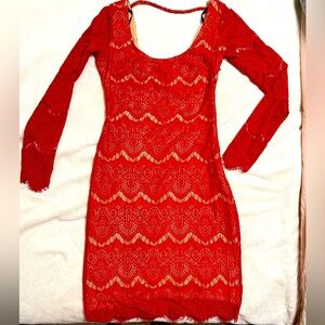 Bebe red lace long sleeve dress